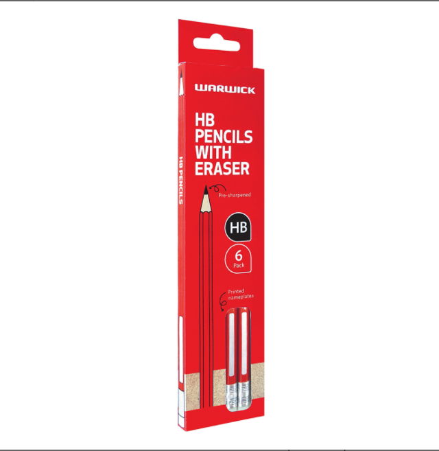 HB PENCIL WARWICK WITH ERASERS 6 PK
