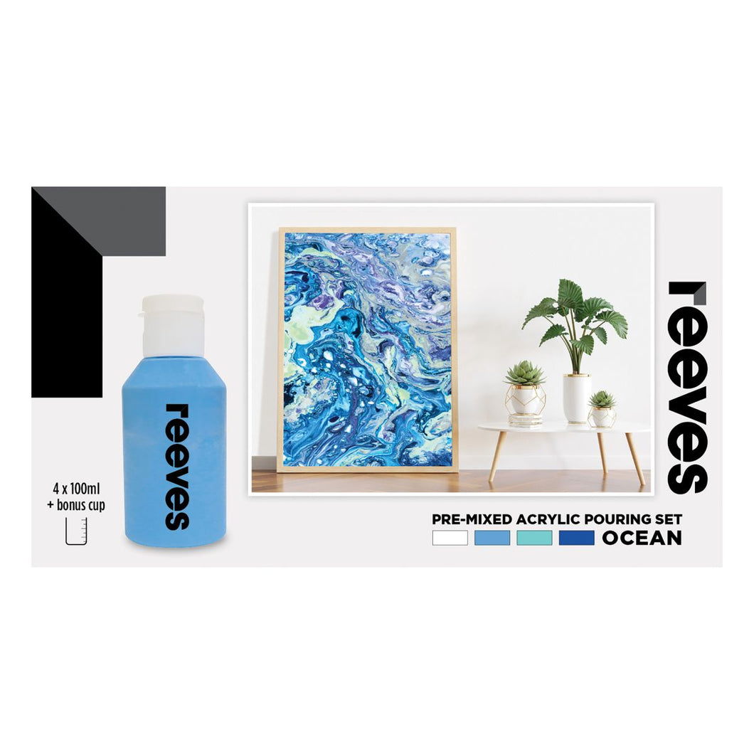 REEVES PRE-MIXED ACR POUR PAINT OCEAN SET 4
